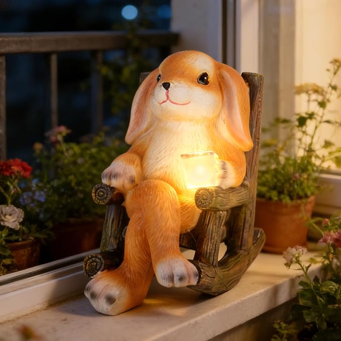 Garden Statues Dog Statue with Solar LED Light, Ideal Gifts for Friends or Family's Birthday, Outdoor Decorations for Yard, Bunny Gift for Easter