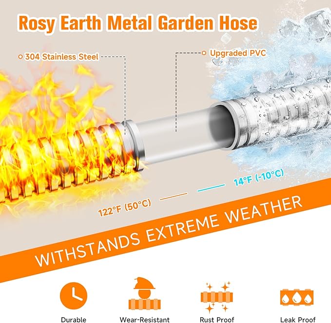 Rosy Earth Expandable Metal Garden Hose 50 FT - 304 Stainless Steel Water Hose 50 FT - Lightweight non Kinking Flexible Garden Hose, no Bite