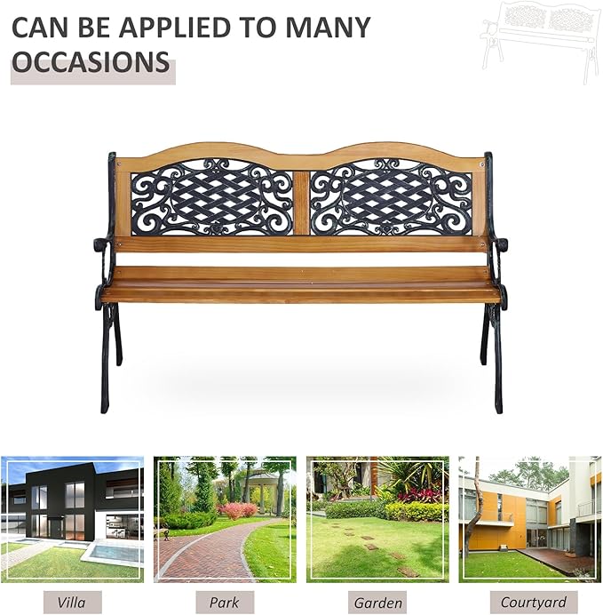 Outsunny 50" Outdoor Garden Bench, Park Bench with Pine Wood Seat, Antique Plastic Flourish Backrest, Patio Loveseat for Porch, Backyard, Deck, Lawn, Outside Pool, Antique Green and Natural Wood