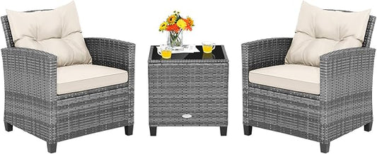 Tangkula 3 Pieces Patio Furniture Set, PE Rattan Wicker 3 Pcs Outdoor Sofa Set w/Washable Cushion and Tempered Glass Tabletop, Conversation Furniture for Garden Poolside Balcony (Mix Grey-White)
