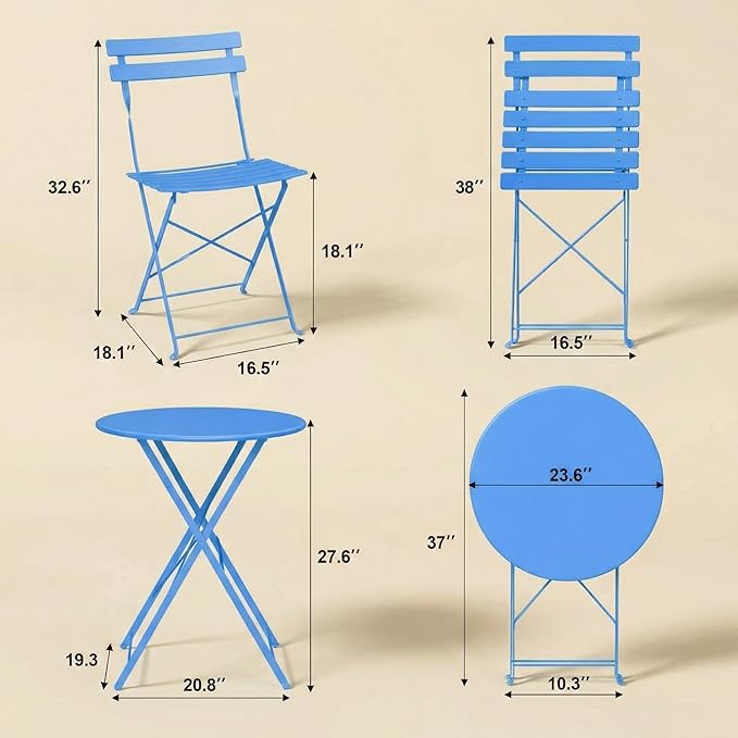 GarveeHome 3-Piece Foldable Bistro Set, Outdoor Patio Furniture with 2 Folding Chairs & 1 Table, Weather-Resistant Indoor/Outdoor Conversation Set for Patio, Blue