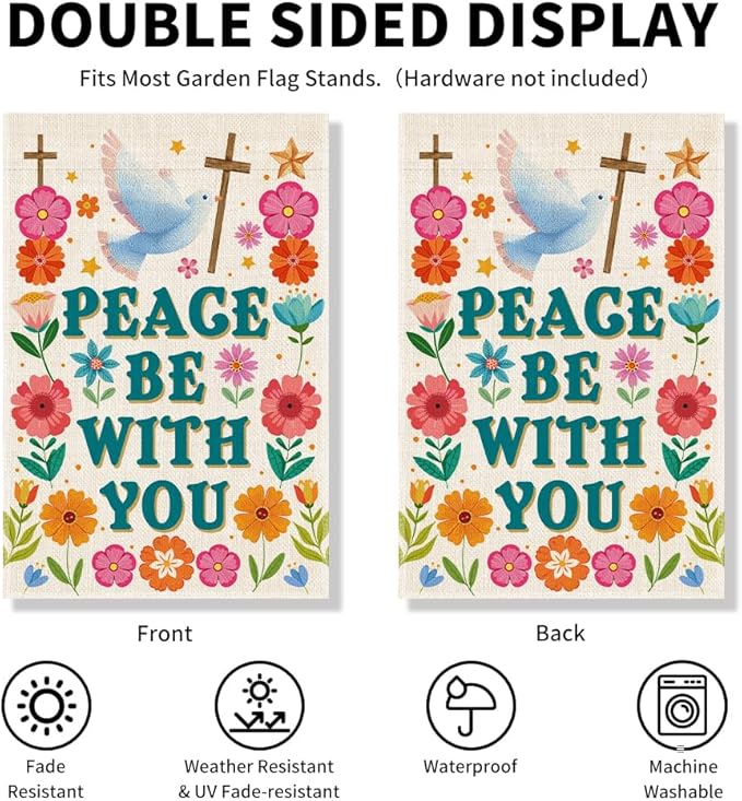 Peace Be With You Garden Flag, Floral Jesus Christian Cross Flag, Equality Inclusion Kindness Sign, Inspirational Spring Summer Home Holiday Party Outdoor Decor for Dove of Peace Lovers Gifts