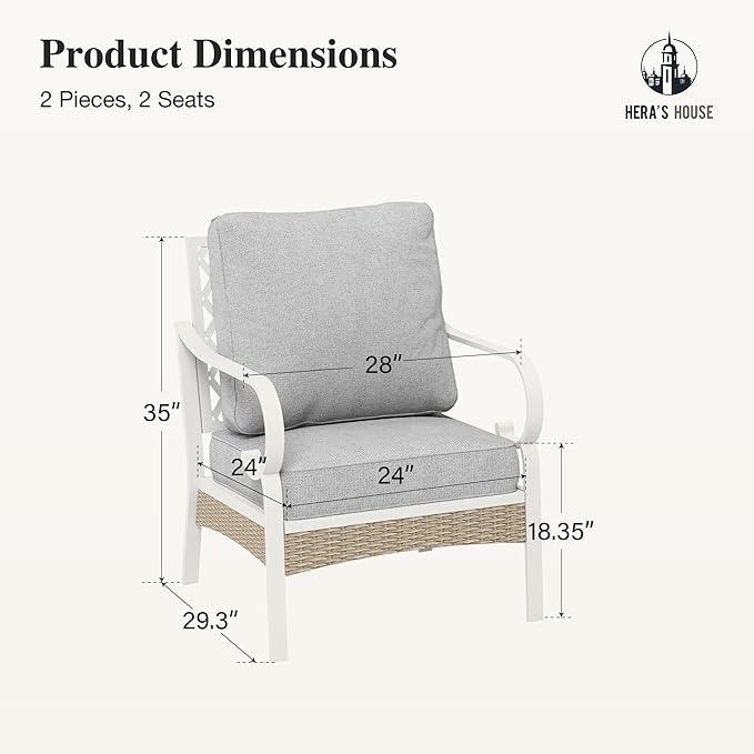 HERA'S HOUSE Patio Chairs Set of 2, High Back Outdoor Metal Frame Chairs with Cushions, All Weather Outdoor Patio Furniture for Lawn Garden Backyard Deck, Grey