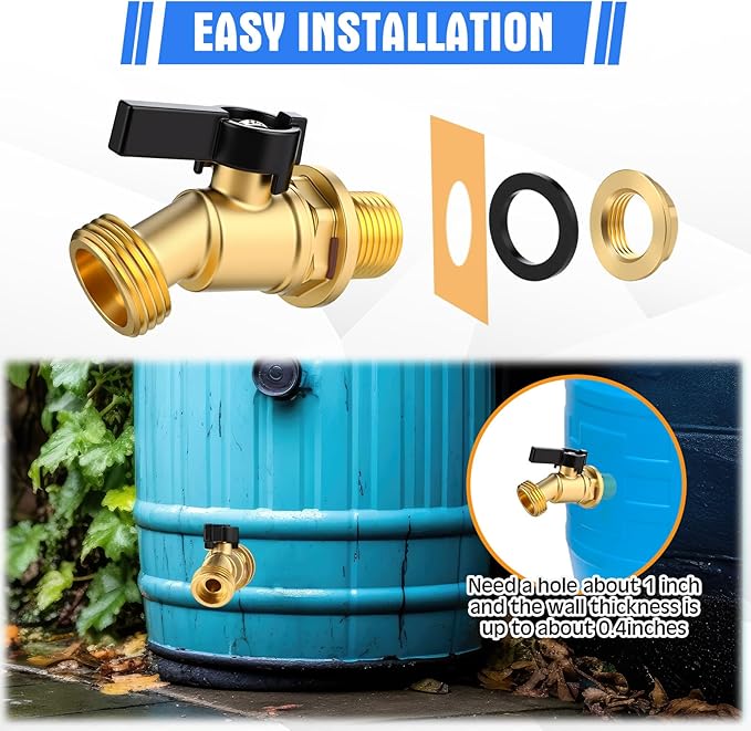 JaGely 3 Sets Brass Rain Barrel Spigot Kit 1/2" Inlet to 3/4" Quarter Turn Ball Valve with Bulkhead Fitting, Brass Bulkhead Faucet Kit with Thread Tape and 9.8ft Traction Rope for Water Tanks, Pools