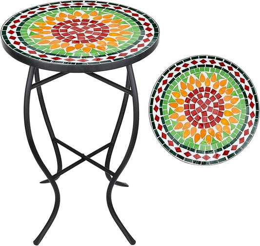 Vipush Mosaic Outdoor Side Table, 14" Round Folding Plant Stand for Patio Garden Backyard Balcony Porch Indoor Accent End Table for Living Room, Ceramic Tabletop with Black Iron, Sunflower