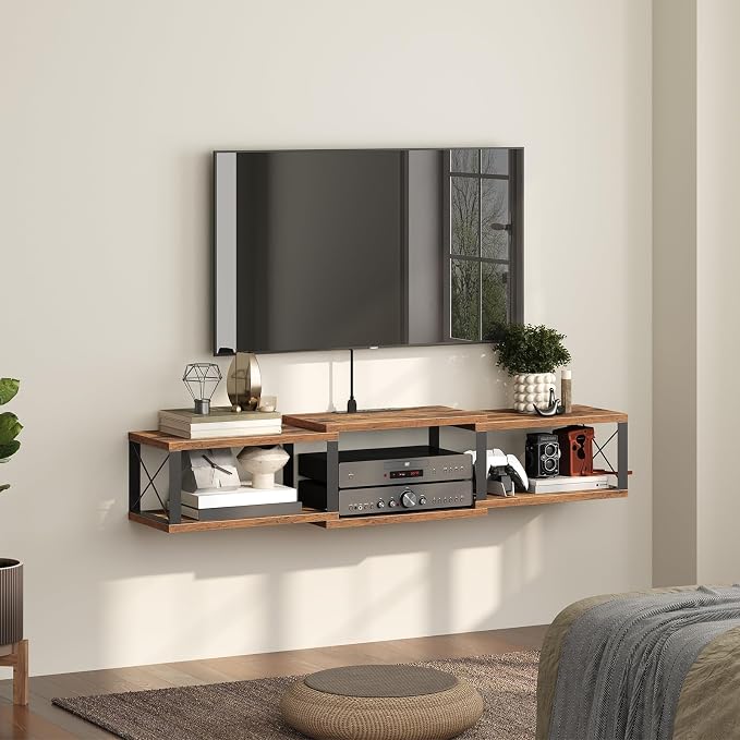 MAHANCRIS 43.7” Floating TV Stand with Power Outlet, Wall-Mounted Entertainment Center, Floating Metal Frame Media Console Shelf for Under TV Storage, for Living Room, Bedroom, Rustic Brown TVHR101E01