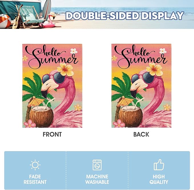 AVOIN colorlife Hello Summer Flamingo Garden Flag 12x18 Inch Double Sided Outside, Coastal Seasonal Yard Outdoor Flag