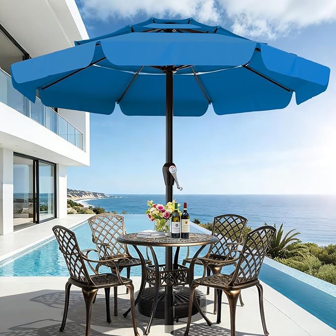 AreShark 12FT 3-Tiers Patio Umbrella with Valance, Outdoor with Crank, Large Outdoor Market Umbrellas Vented with 8 Sturdy Ribs, Patio Table Umbrellas for Garden, Deck, Backyard, Pool, Royal Blue