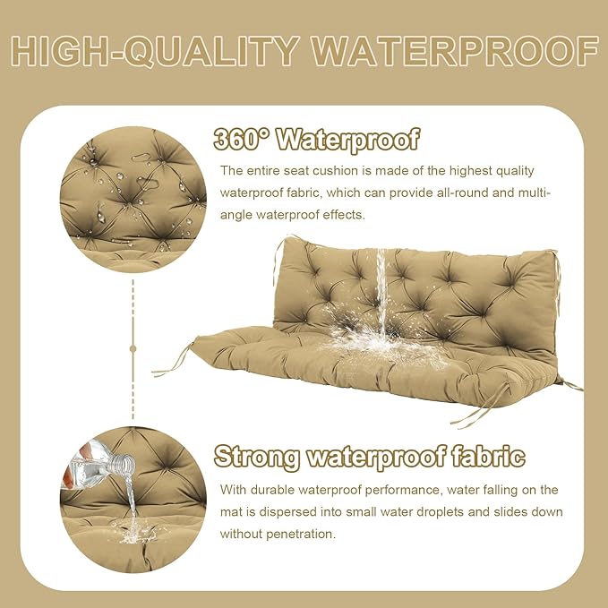 Premium 5" Thick Waterproof Porch Swing Cushions Sturdy Durable 2 Seat Replacement Outdoor Swing Cushions with Backrest&Ties Bench Cushion for Outdoor Furniture Backyard Patio Garden