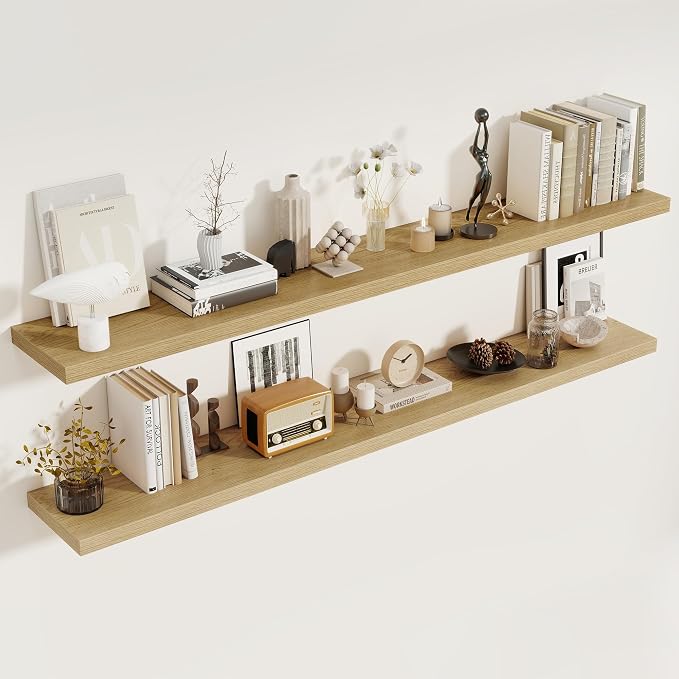 72 Inch Floating Shelves 2 Pack, 8 Inch Deep Floating Shelf Wall Mounted, Large Shelves with Invisible Bracket for Books|Storage, Rustic Wood Wall Shelf for Bedroom, Kitchen, Living Room, Oak