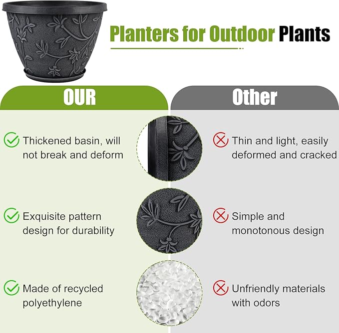 Nooulap 4 Pack 10 Inch Plant Pot for Outdoor Indoor, Plastic Flower Pots with Drainage Hole & Saucer, Lightweight Small Resin Flower Pot, Imitation Magnolia Planter Pots for Garden House（Gray）