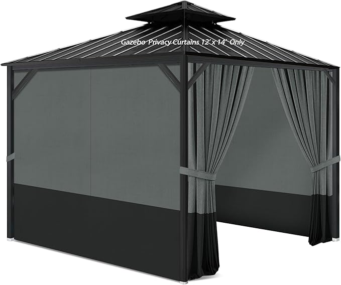 Gazebo Privacy Curtains 12 x 14' with Zipper 4-Panels Side Wall Universal Replacement for Patio, Outdoor Canopy, Garden and Backyard Gray and Black (Curtain Only)