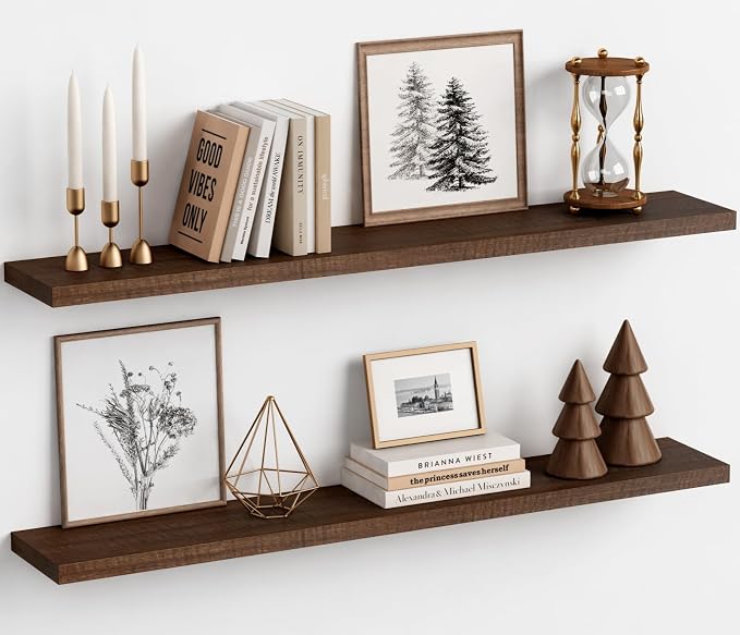 Harwaya 48 inch Floating Shelves Dark Wood, Long Wall Shelves for Bedroom | Walnut Brown, Antique Heavy Duty Hanging Shelves Set of 2, Living Room Kitchen Office Laundry Room Entryway Above Fireplace