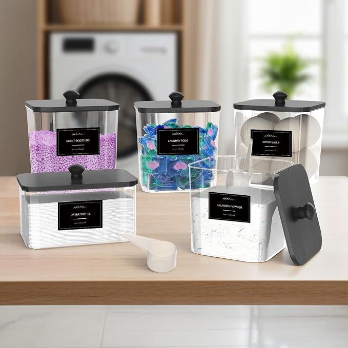 COAZEX 4+1 Pack Clear Laundry Pods Container & Dryer Sheet Holder Black Lid | Laundry Organization Square Design, 2 Scoops & 12 Labels, For Detergent Powder, Laundry Pods, Dryer Sheets, Dryer Balls