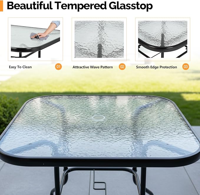 VINGLI Glass Patio Table with Umbrella Hole, 32" Square Outdoor Dining Table Steel Tempered Glass Patio Tables Outdoor Tables for Balcony Garden Deck