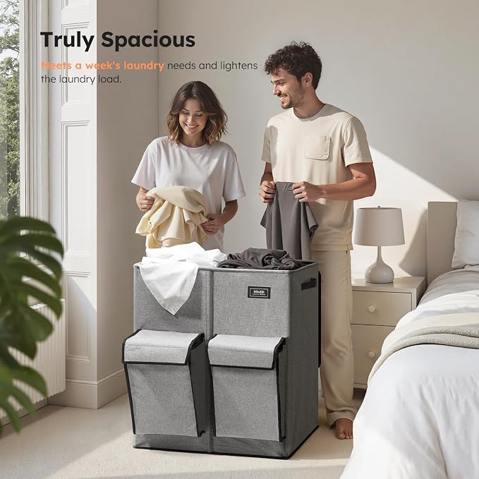 SOLEDI 180L Double Laundry Hamper with Lid and 2 Side Pockets, Dual Hamper