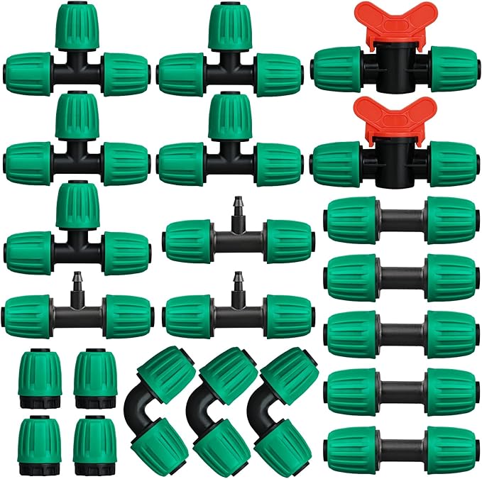 JAYEE 22 Pcs Drip Irrigation Fittings Kit for 1/2 In Tubing, Drip Line Parts for Sprinkler System - 5 Tees, 5 Couplings, 3 Elbows, 3 Barbed Lock T Connectors, 4 End Closure Plugs, 2 Switch Valves