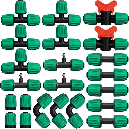 JAYEE 22 Pcs Drip Irrigation Fittings Kit for 1/2 In Tubing, Drip Line Parts for Sprinkler System - 5 Tees, 5 Couplings, 3 Elbows, 3 Barbed Lock T Connectors, 4 End Closure Plugs, 2 Switch Valves