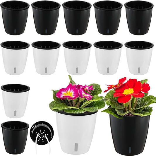 Planterhoma 5 Inch Self Watering Pots for Indoor Plants, 12 Packs Self Watering Planters for Orchid, Spider Plant, Devil's Ivy & African Violet, Water Indicator & Black Wick Pots, White/Black