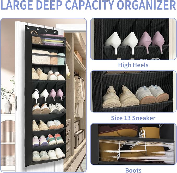 1 Pack 8 Shelves Over The Door Shoe Organizer, 68" Exlarge Deep Pockets | Hanging Shoe Organizer, Shoe Rack for Closet, Shoe Holder for Boots, Sneakers, Heels, Over Door Organizer in Home, RV, Black