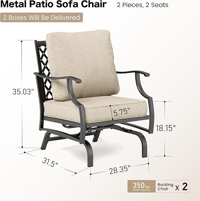 SUNSHINE VALLEY Metal Outdoor Patio Rocker Chairs Set of 2 with 5.75" Extra Thick Cushion, 2 Piece High Back Rocker Patio Chairs All Weather Outdoor Furniture Seating for Deck Porch Backyard, Beige
