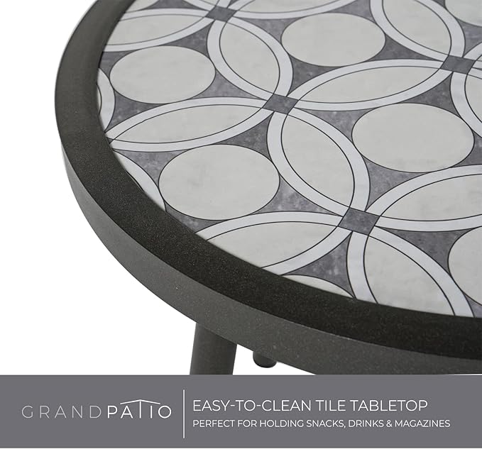 Grand Patio Outdoor Side Table, Round End Table with Creamy White Ceramic Tile Tabletop