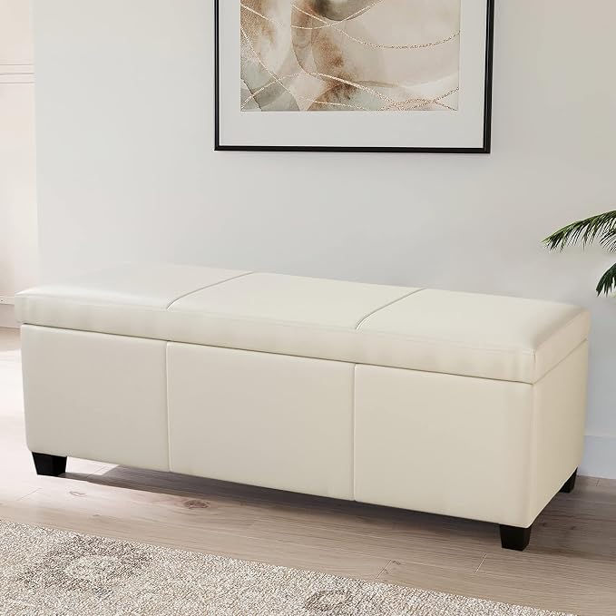 BELLEZE Storage Faux Leather Ottoman, 47 Inch Bench Bedroom Bench with Safety Close Hinge, Extra Long Ottoman with Storage for Living Room, Entryway, Foot Rest, Support 300lbs - Cream