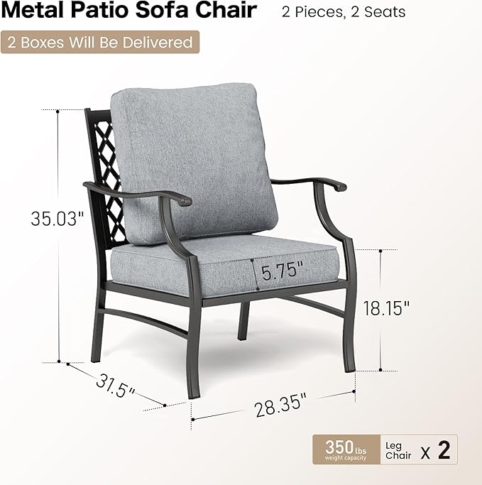 SUNSHINE VALLEY Metal Patio Chairs Set of 2 with 5.75" Extra Thick Cushion, 2 Pieces High Back Outdoor Patio Chairs All Weather Outdoor Furniture Seating for Deck Backyard Balcony Front Porch, Gray
