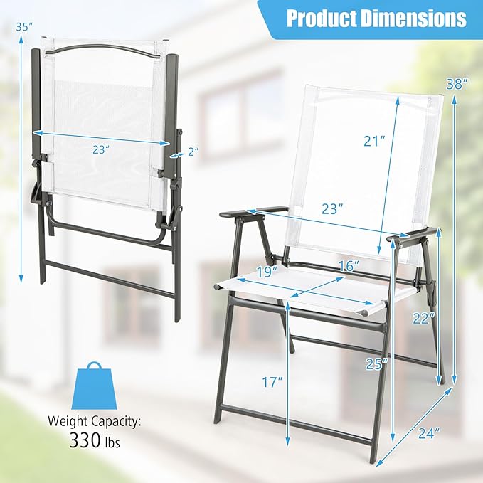 Tangkula Set of 2 Patio Folding Chairs, High Back Dining Chairs with Weather-Resistant Fabric, No Assembly, Outdoor Portable Metal Lawn Chairs with Armrests & Footrest for Garden (White)