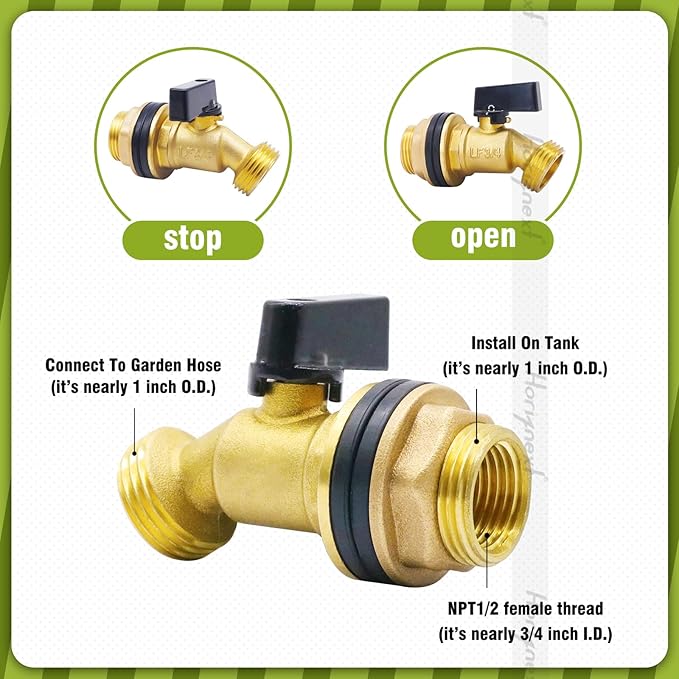 GHT 3/4 spigot for rain barrel, brass bulkhead water barrel spigot kit for diy tank parts and accessories connect garden hose outdoor bucket (1 pc)