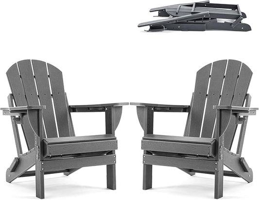 Folding Adirondack Chair, HDPE Outdoor Texture Lawn Chair with Reclining Back, Cup and Phone Holder - Comfortable Firepit Chair Weather Resistant for Patio or Backyard (Grey, Set of 2)
