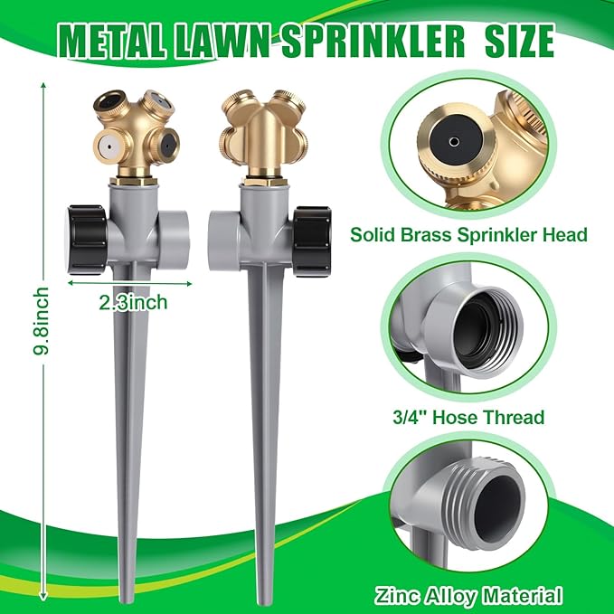 Tioncy 4 Pack Metal Lawn Sprinkler with Brass Nozzle, Heavy Duty Garden Spike Sprinkler Automatic Irrigation Tool for Lawn Garden Yard Greenhouse(Multi Nozzle,Silver)