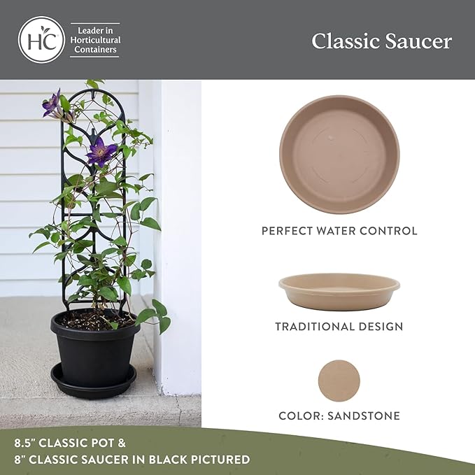 The HC Companies Flower Pot Saucers - Plastic Plant Saucer for Outdoors & Indoors - Traditional Design Plant Pot Trays for Water Drainage - Durable & Stylish Round Plant Tray (10-inch Sandstone)