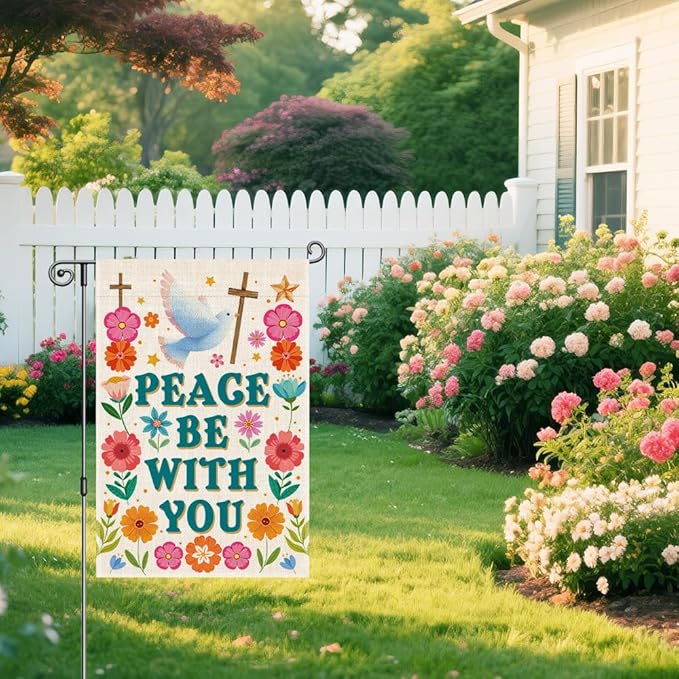Peace Be With You Garden Flag, Floral Jesus Christian Cross Flag, Equality Inclusion Kindness Sign, Inspirational Spring Summer Home Holiday Party Outdoor Decor for Dove of Peace Lovers Gifts