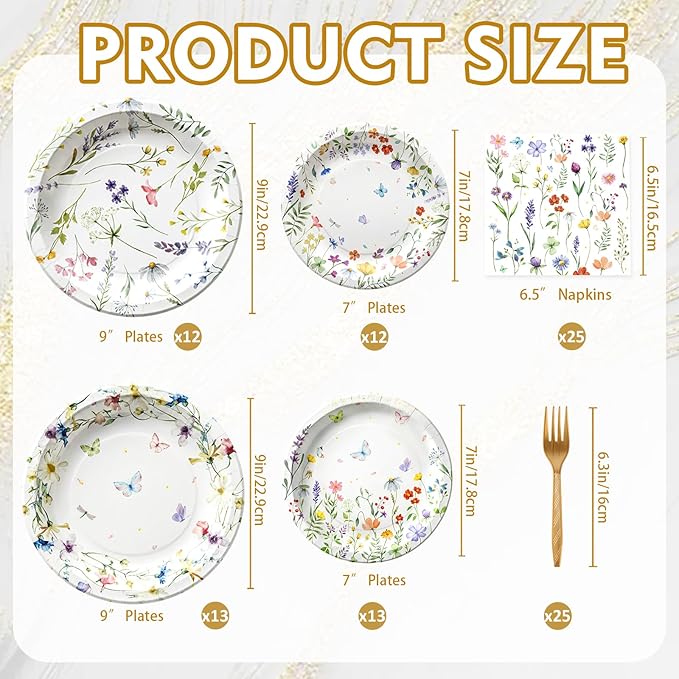 100Pcs Wildflower Plates and Napkins Party Supplies, Floral Paper Plates Wildflower Baby Shower Decorations Flower Party Plates Set for Spring Birthday Bridal Shower Tea Garden Party Decor, Serves 25