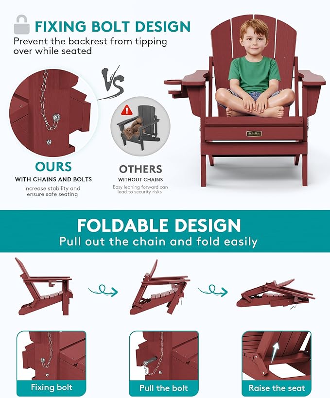 SERWALL Folding Adirondack Chair Outdoor Adirondack Chairs with Cup Holder Weather Resistant Fire Pit Chairs for Patio - Red