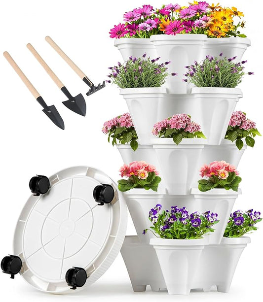 GameXcel Vertical Planter Tower - 5 Tier Stackable Garden Planters with Wheels and Tools Plant Pots for Strawberry Herb Flower and Vegetable Indoor Outdoor Use White