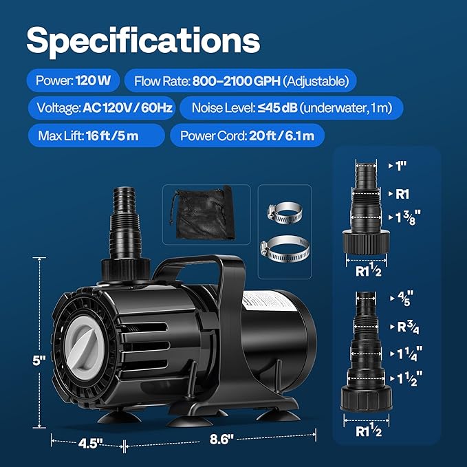 VIVOHOME 120W Adjustable Flow Submersible Water Pump, 800-2100GPH Stepless Flow Control, 16ft Max Lift, 180° Seamless Adjustable Nozzle and Barrier Pump Bag for Pond, Aquarium, Fountain, Waterfall