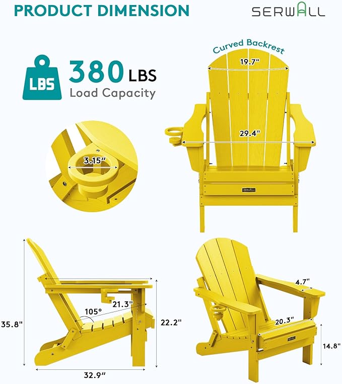 SERWALL Foldable Adirondack Chair Set of 4, Weather Resistant HIPS Patio Chairs with Cup Holder for Garden Outdoors-Lemon