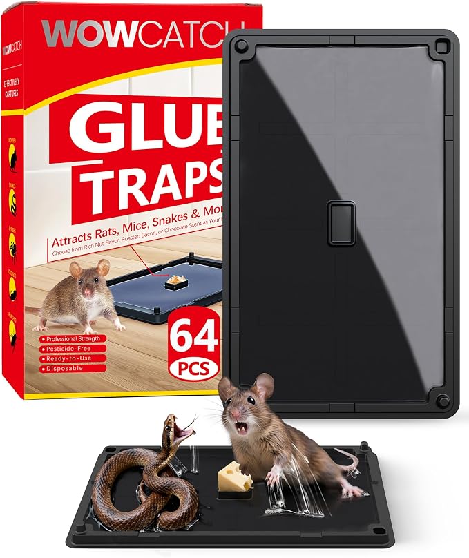 Wowcatch Rat, Snake and Mouse Traps 64 PK, Large Bulk Sticky Glue Traps Indoor for Home Pre-baited, Pet Safe Rodent Catcher for Garage, Kitchen, Catches Roaches, Spiders, Lizard, Large