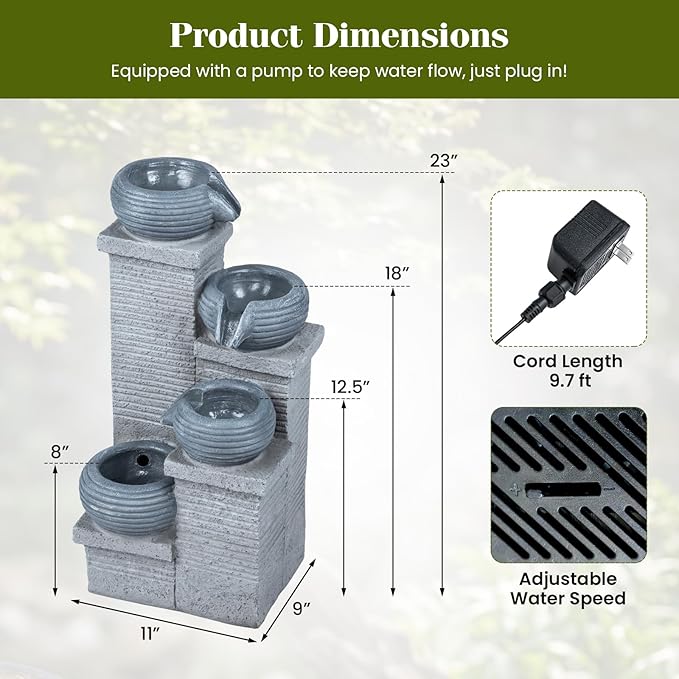 Giantex 4-Tier Water Fountain Outdoor, 23 Inch Cascading Bowls Waterfall Fountain with Warm LED Lights & Pump, Outside Zen Water Feature for Patio, Balcony, Deck, Garden, Yard Decor
