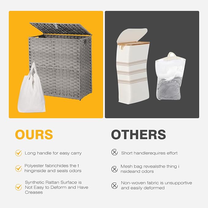 NEWBULIG 110L Extra Large Divided Laundry Hamper with Lid, 2 Section Collapsible Dirty Clothes Basket, Dual Removable Liner Bags for Bedroom, Bathroom, Closet and Dorm Room Organization Grey