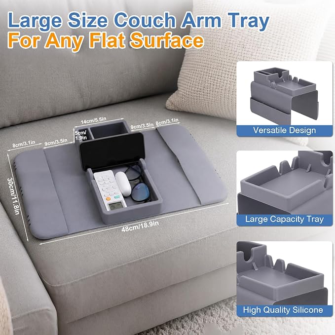 Novabright 2 Pack Silicone Couch Cup Holder Tray with Side Pouch, Anti Spill Sofa Armrest Organizer, Anti Slip Couch Arm Tray for Remote Drinks Snacks Phone and Pad, Gift for Family Friend
