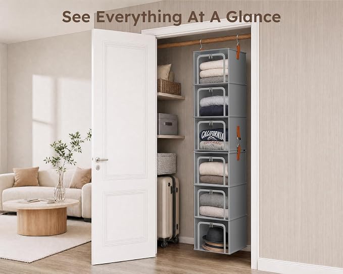 Homsorout 6-Tier Modular Hanging Closet Organizer Shelves, Grey