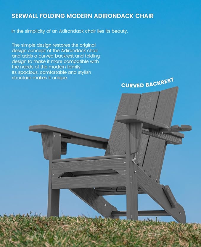 SERWALL Outdoor HDPE Adirondack Chair Set 6，Folding Adirondack Chair with Cup Holders, All Weather Resistant Modern Adirondack Chair, Gray
