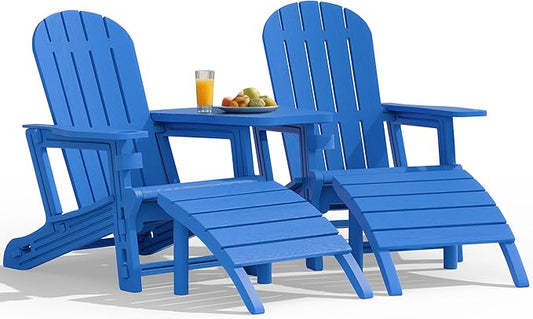 Vongrasig Adirondack Chairs Set of 2 with Removable Tabletop and Footrest, HDPE Plastic Outdoor Chair Set with Wooden Textured, Cup Holder for Patio, Poolside, Garden, Light Blue, 5 Pieces