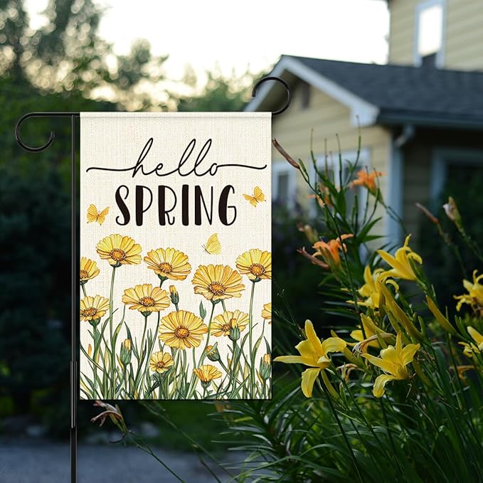 Hello Spring Flags for Outside,Yellow Daisy Garden Flag for Yard Patio Lawn Decoration,12x18 Inch Double Sided