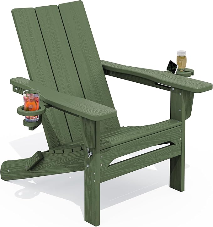 SERWALL Modern Adirondack Chair, Folding Adirondack Chair with Dual Cup Holders, Outdoor HDPE Fire Pit Chair for All Weather Use, Avocado Green