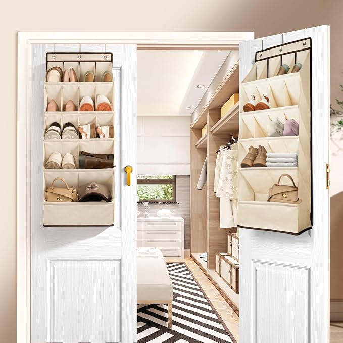 1 Pack Over the Door Shoe Organizers, Hanging Organizers with Large Pockets | with Large Deep Pocket Shoe Holder for Closet Shoes Rack for Wall, Over Door Shoe Storage Hold up to 18 Pairs Shoes, Beige