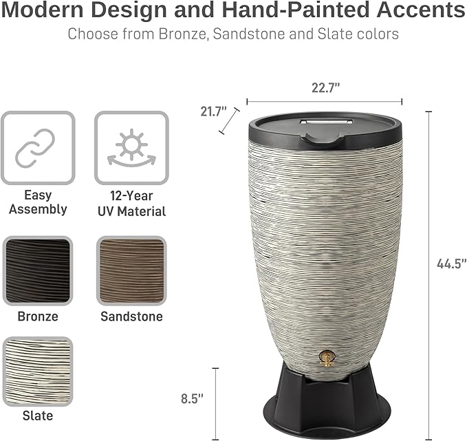 RTS Home Accents 50-Gallon Newport Rain Barrel with Stand and Removable Lid, Slate Color